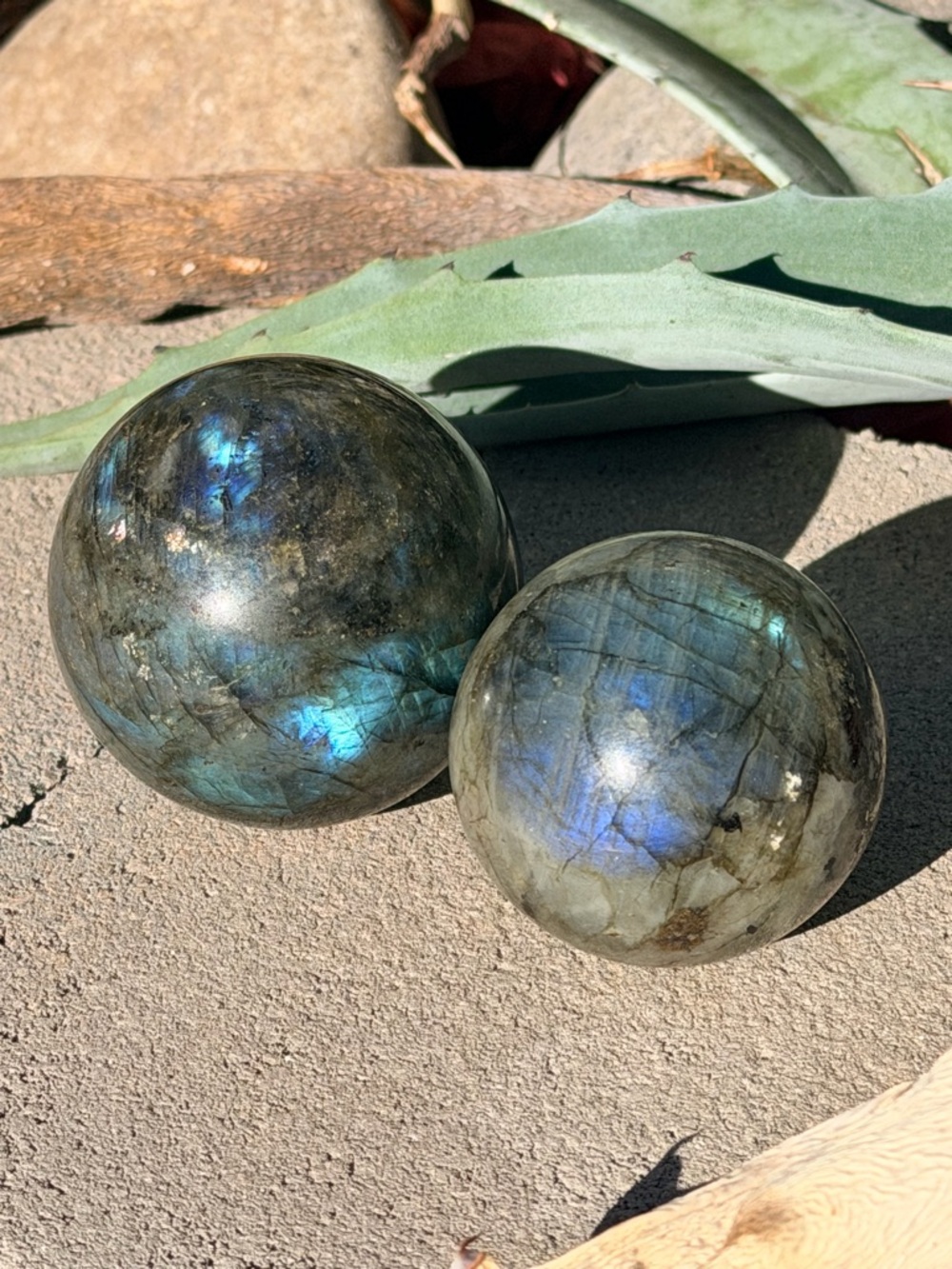 TWO Labradorite Spheres - Iridescent Blue-Green